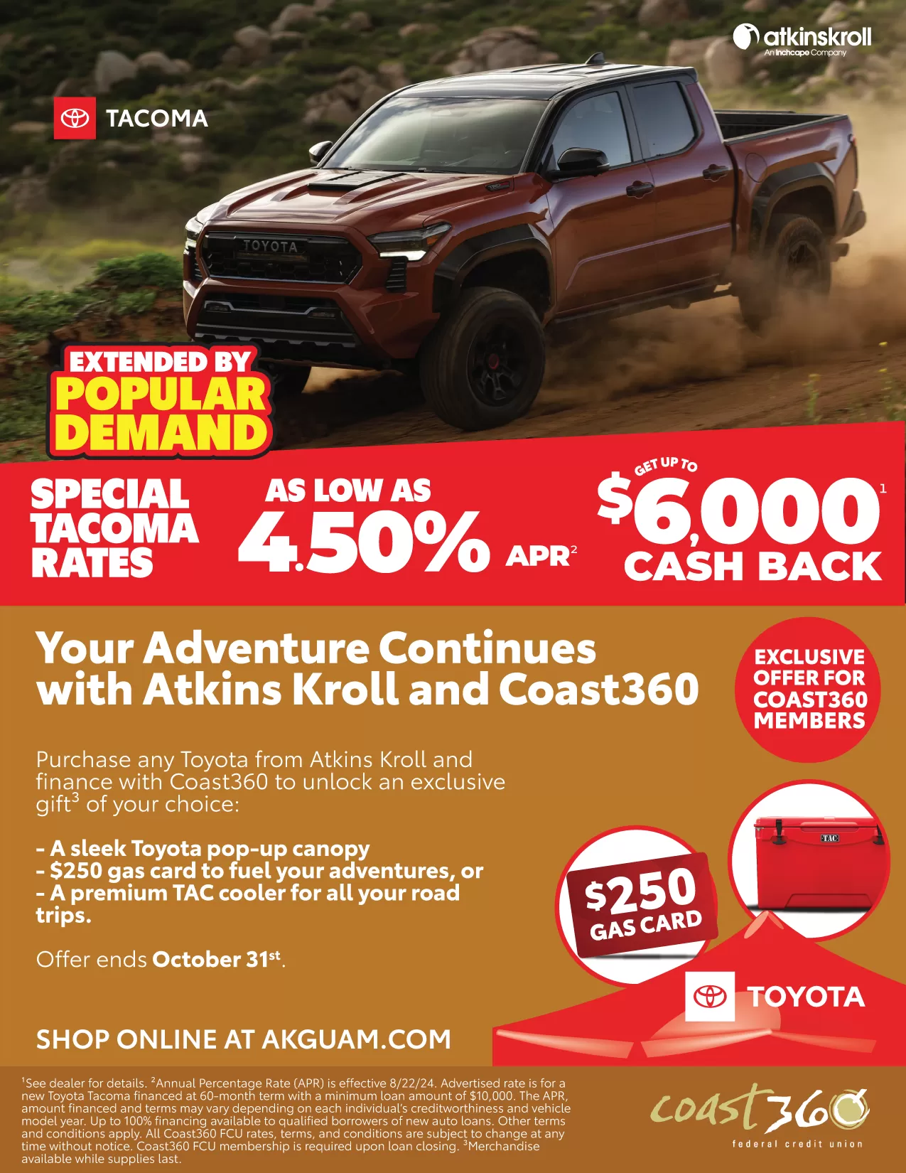 Special Tacoma Rates as low as 4.50% APR, plus get a free gift with any new Toyota financed with Coast360! See dealer for details.